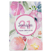 21e verjaardag roze bloemenpastelnaam medium cadeauzakje (Voorkant)