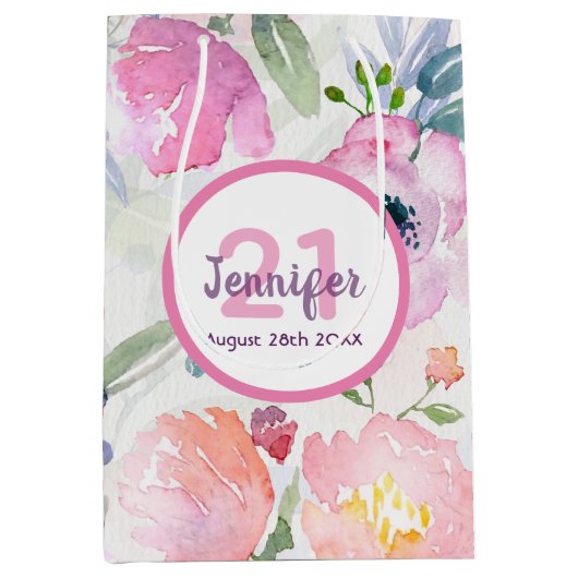 21e verjaardag roze bloemenpastelnaam medium cadeauzakje (Voorkant)