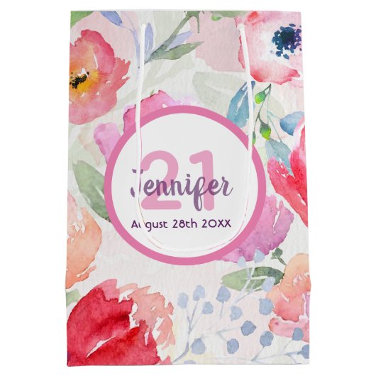 21e verjaardag roze bloemenpastelnaam medium cadeauzakje (Achterkant)