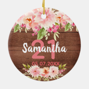 21e verjaardag roze bruinhoutflorals keramisch ornament