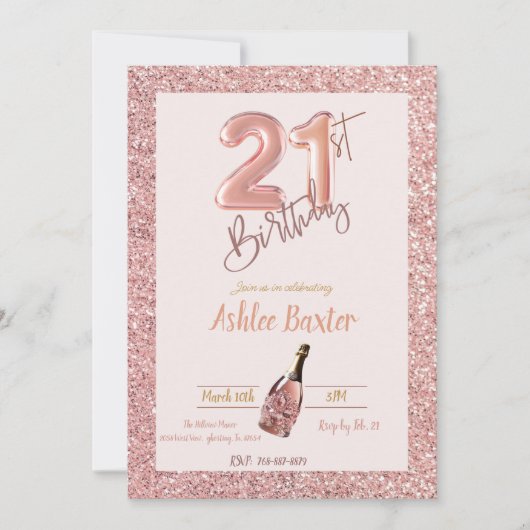 21e verjaardag roze champagne roze glitter kaart (Voorkant)