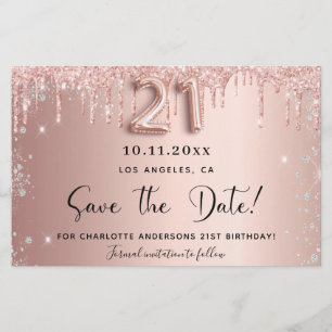 21e verjaardag roze druppels save the date kaart