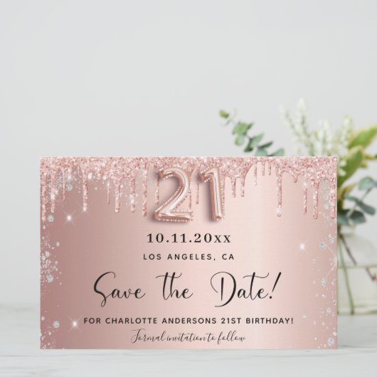 21e verjaardag roze druppels save the date kaart (Staand voorkant)