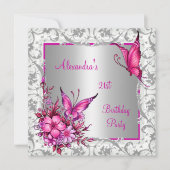 21e verjaardag Roze Floral Butterfly Silver White Kaart (Voorkant)