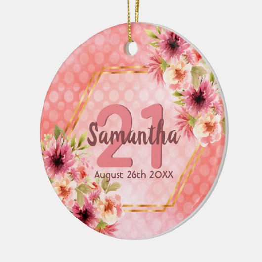 21e verjaardag roze floralen gouden geometrische n keramisch ornament (Links)