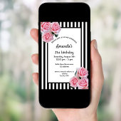 21e verjaardag roze floralen op zwarte witte strep kaart