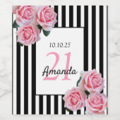 21e verjaardag roze floralen zwarte witte strepen wijn etiket (Enkel label)