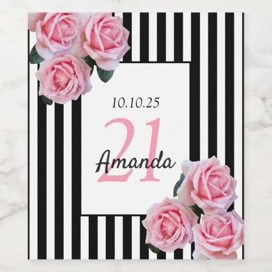 21e verjaardag roze floralen zwarte witte strepen wijn etiket (Enkel label)