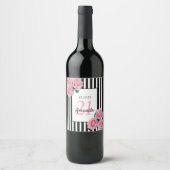21e verjaardag roze floralen zwarte witte strepen wijn etiket (Voorkant)