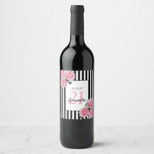 21e verjaardag roze floralen zwarte witte strepen wijn etiket (Voorkant)