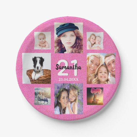 21e verjaardag roze fotocollage glitter papieren bordje (Voorkant)