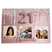 21e verjaardag roze glitter druppelt foto monogram groot cadeauzakje (Voorkant)