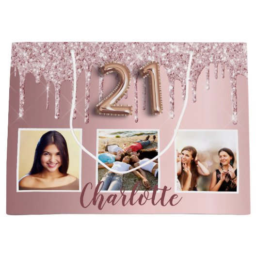 21e verjaardag roze glitter druppelt foto monogram groot cadeauzakje (Voorkant)