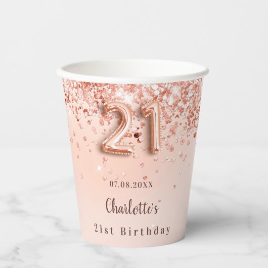 21e verjaardag roze goud glinsterend monogram naam papieren bekers (Voorkant)