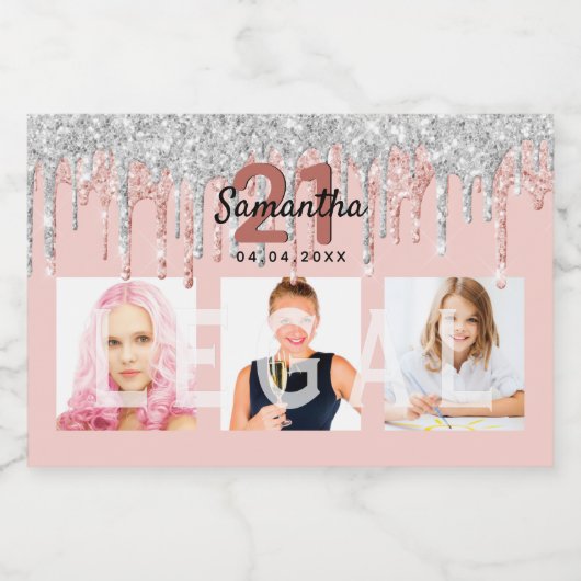 21e verjaardag roze juridische glitter zilveren fo sparkling wijnetiket (Enkel label)