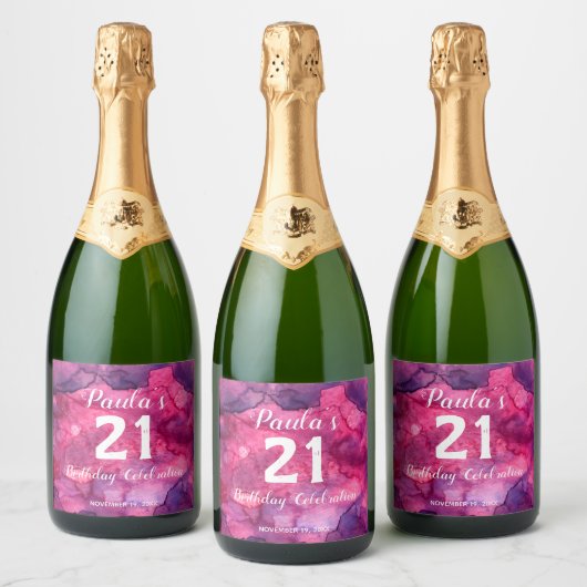 21e Verjaardag Roze naar Zwart Waterverf Sparkling Sparkling Wijnetiket (Flessen)