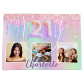 21e verjaardag roze paarse druppels foto holografi groot cadeauzakje (Voorkant)