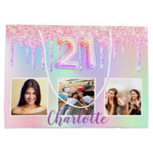 21e verjaardag roze paarse druppels foto holografi groot cadeauzakje (Achterkant)