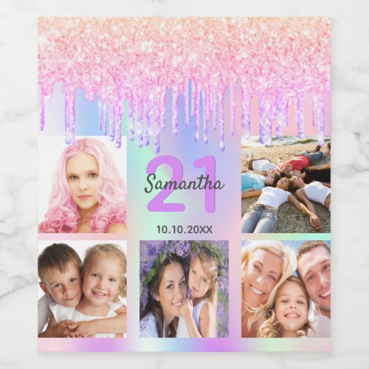 21e verjaardag roze paarse druppels foto holografi wijn etiket (Enkel label)