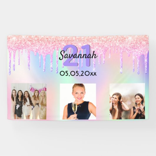 21e verjaardag roze paarse druppels foto welkom spandoek (Horizontaal)