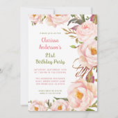 21e verjaardag roze pioen bloemetje kaart (Voorkant)