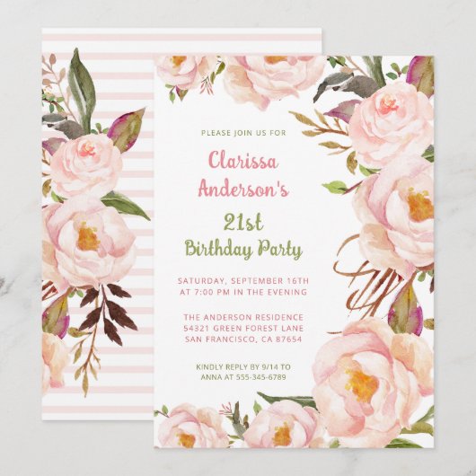 21e verjaardag roze pioen bloemetje kaart (Voorkant / Achterkant)