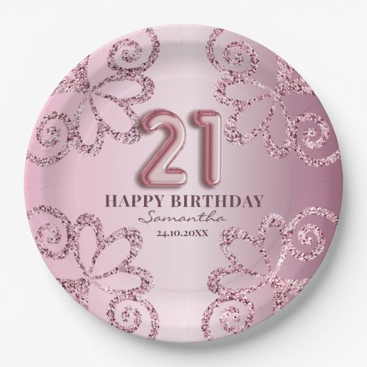 21e Verjaardag Roze Prinses Glitter Ballon Script Papieren Bordje (Voorkant)