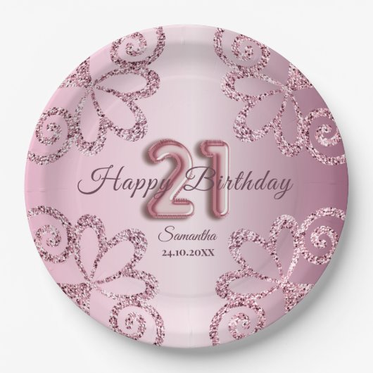 21e Verjaardag Roze Prinses Glitter Ballon Script Papieren Bordje (Voorkant)