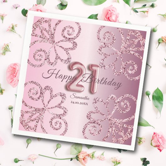 21e Verjaardag Roze Prinses Glitter Ballon Script Servet