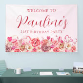 21e verjaardag roze roos swirly hart welkom spandoek (Beurs)