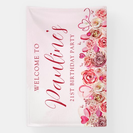 21e verjaardag roze roos swirly hart welkom spandoek (Verticaal)