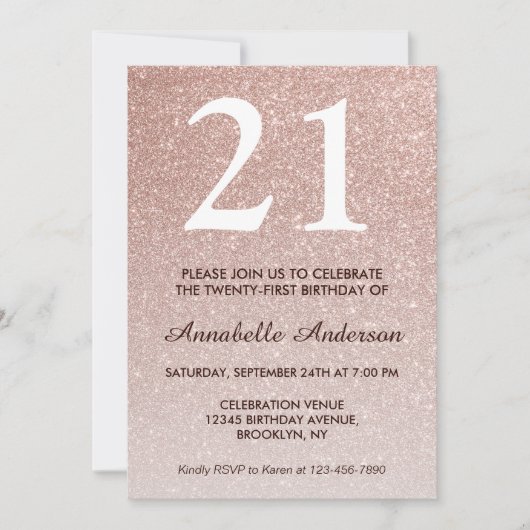 21e verjaardag Roze Rose Gold Glitter Sparkle Ombr Kaart (Voorkant)