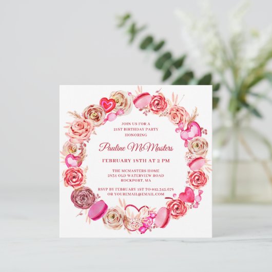 21e Verjaardag Roze Rose Swirly Heart Valentijn Kaart (Staand voorkant)