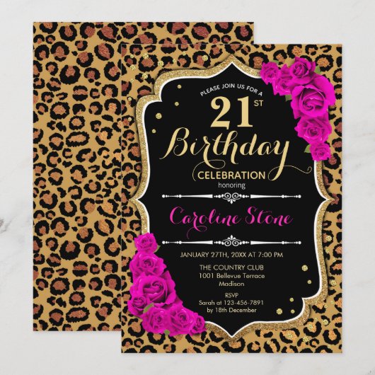 21e verjaardag - Roze Rozen Luipaard Print Kaart (Voorkant / Achterkant)