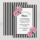 21e verjaardag roze rozen op zwarte witte strepen kaart (Voorkant / Achterkant)