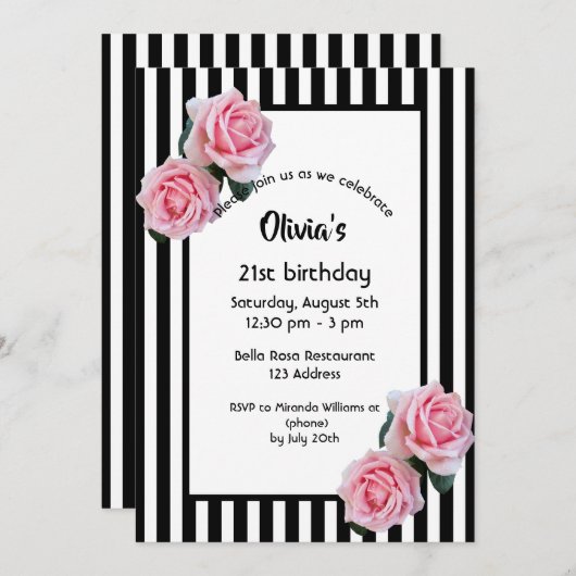 21e verjaardag roze rozen op zwarte witte strepen kaart (Voorkant / Achterkant)