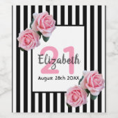 21e verjaardag roze rozen op zwarte witte strepen wijn etiket (Enkel label)
