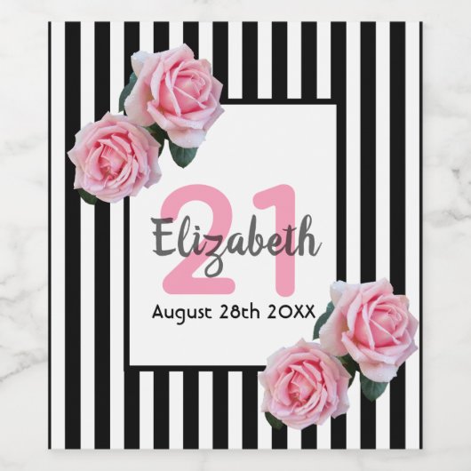 21e verjaardag roze rozen op zwarte witte strepen wijn etiket (Enkel label)