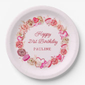 21e verjaardag roze rozen swirly hart papieren bordje (Voorkant)