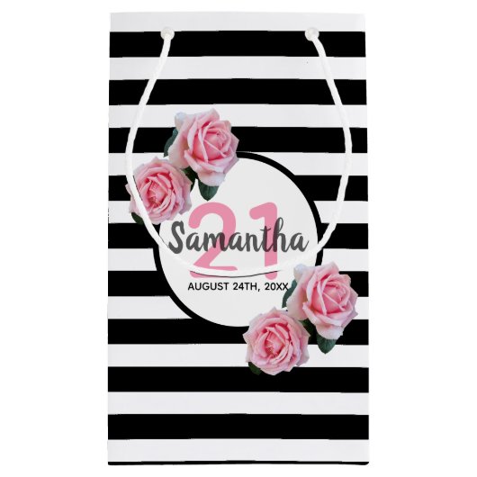 21e verjaardag roze rozen zwarte witte strepen naa klein cadeauzakje (Achterkant)