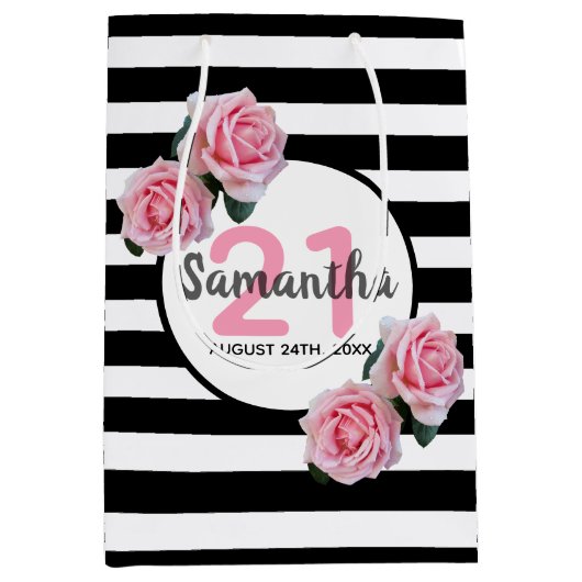 21e verjaardag roze rozen zwarte witte strepen naa medium cadeauzakje (Voorkant)