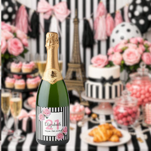 21e verjaardag roze rozen zwarte witte strepen sparkling wijnetiket