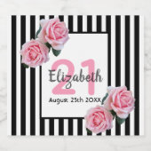 21e verjaardag roze rozen zwarte witte strepen sparkling wijnetiket (Enkel label)