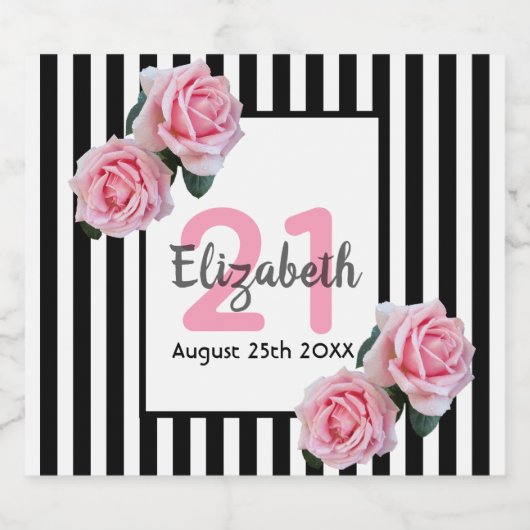 21e verjaardag roze rozen zwarte witte strepen sparkling wijnetiket (Enkel label)