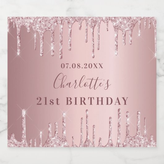 21e verjaardag roze stoffige roos glitter monogram sparkling wijnetiket (Enkel label)