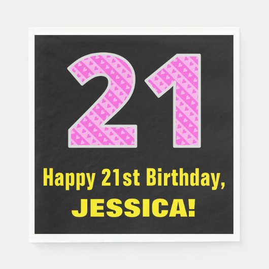 21e verjaardag: Roze strepen en harten "21" + Naam Servet (Voorkant)