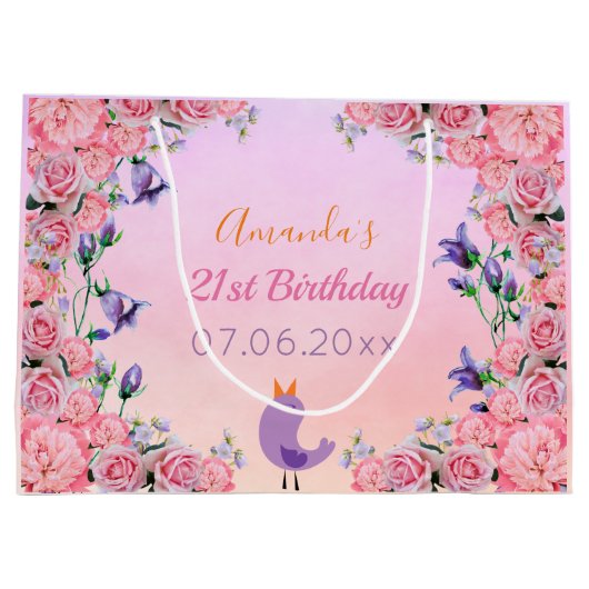 21e verjaardag roze violet bloemetvogel groot cadeauzakje (Achterkant)