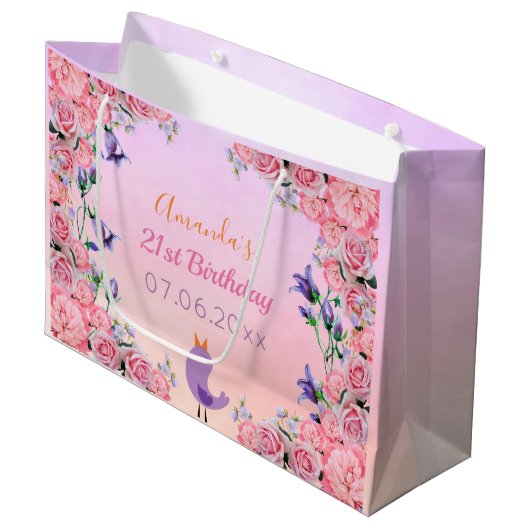 21e verjaardag roze violet bloemetvogel groot cadeauzakje (Voorkant Gekanteld)