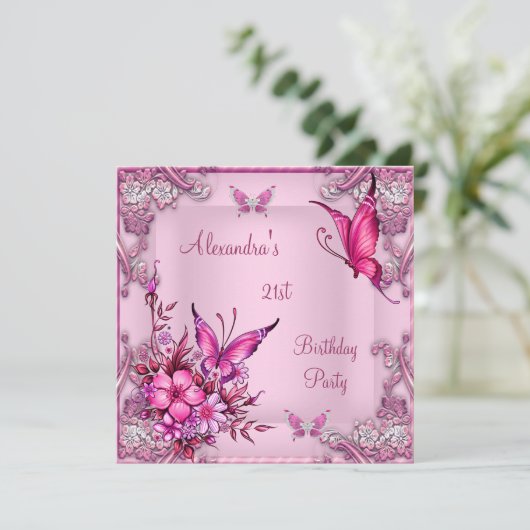 21e verjaardag  roze vlinder Silver Kaart (Staand voorkant)