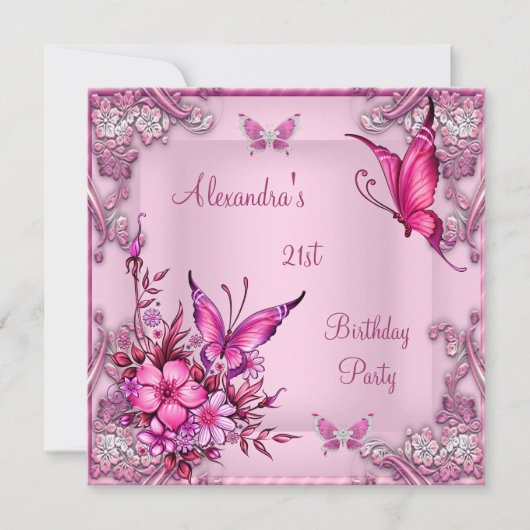 21e verjaardag  roze vlinder Silver Kaart (Voorkant)
